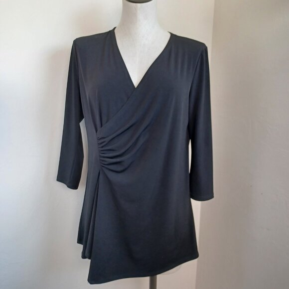 Clara Sun Woo Top Black Side Gathered Drape Stretch Knit Tunic Womens Medium - Picture 2 of 11